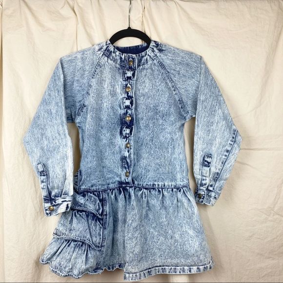 Vintage Other - Vintage 80s Kids Acid Wash Ruffle Bows Button Front Long Sleeve Denim Dress 8